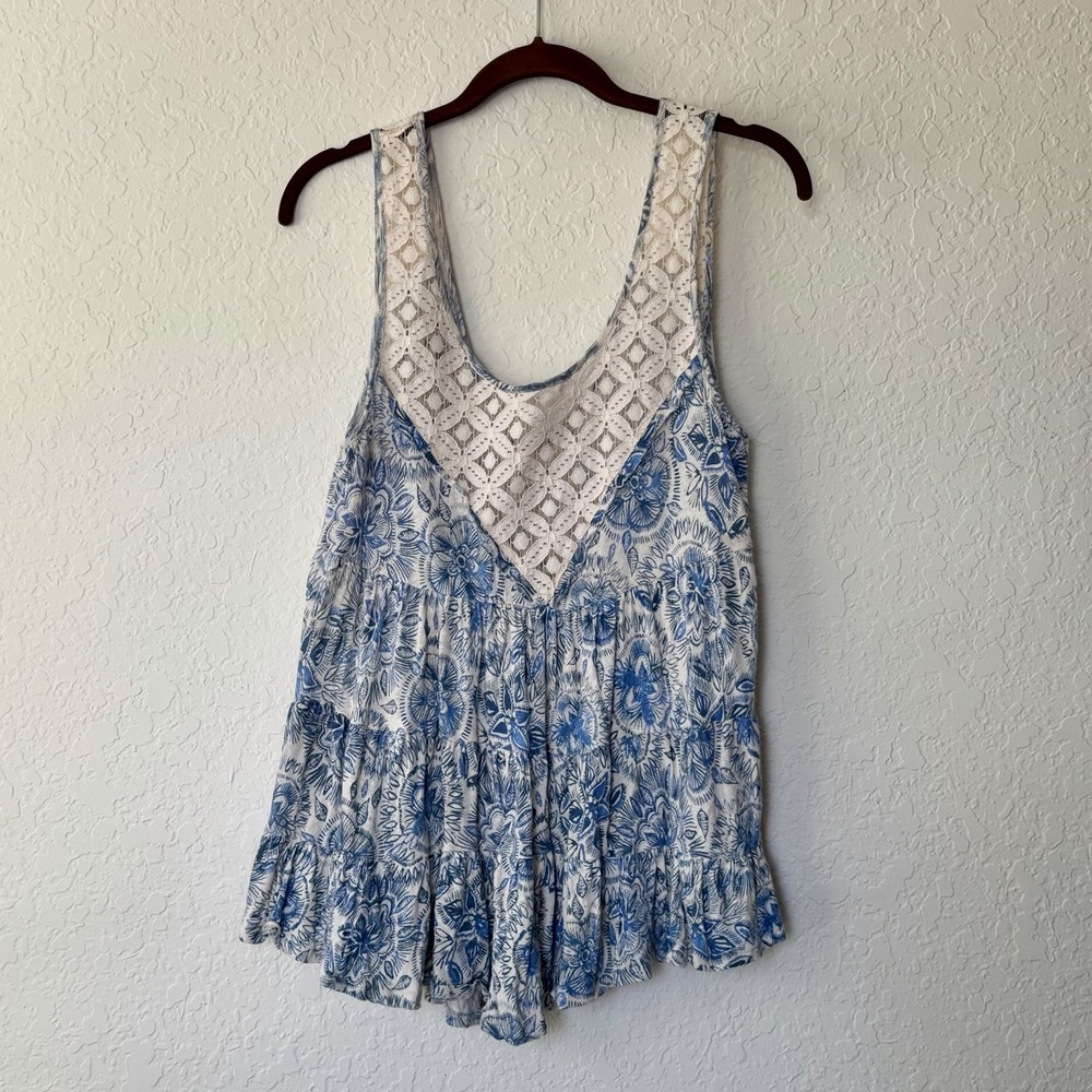Free People Tank Top Small Floral Linen Cotton Tiered Lace Boho Blue White Beach